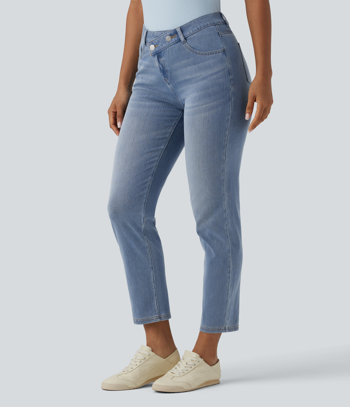 Asymmetric High Waisted Casual Jeans with Pockets — Malibu Blue Denim — view 3