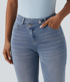 Asymmetric High Waisted Casual Jeans with Pockets — Malibu Blue Denim — view 4