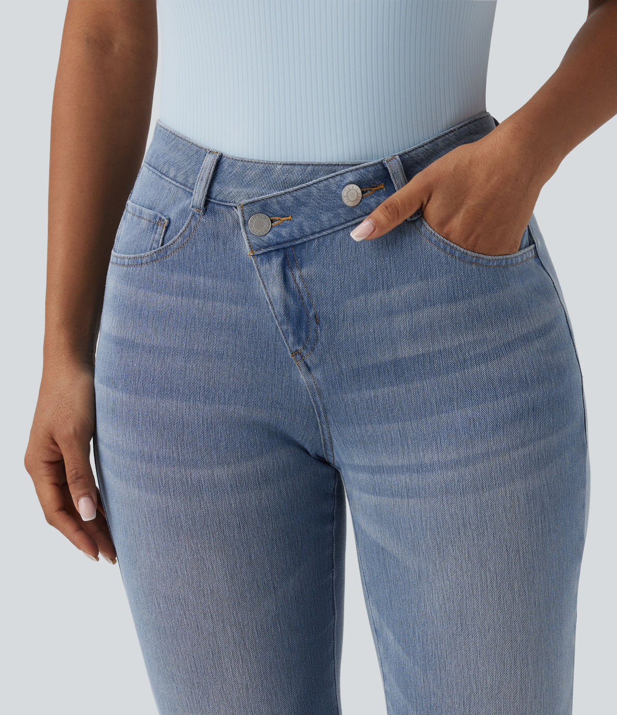 Asymmetric High Waisted Casual Jeans with Pockets — Malibu Blue Denim — view 4