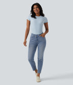 Asymmetric High Waisted Casual Jeans with Pockets — Malibu Blue Denim — view 6