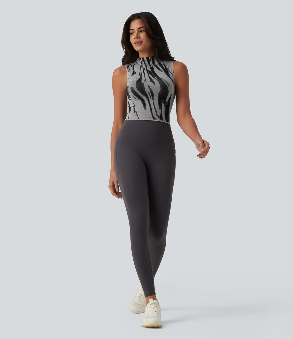 OneForm Seamless Flow Mock Neck Color Block Yoga Tank Top — Grey — view 5