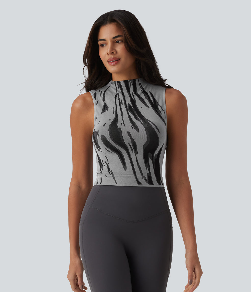 OneForm Seamless Flow Mock Neck Color Block Yoga Tank Top — Grey — view 3