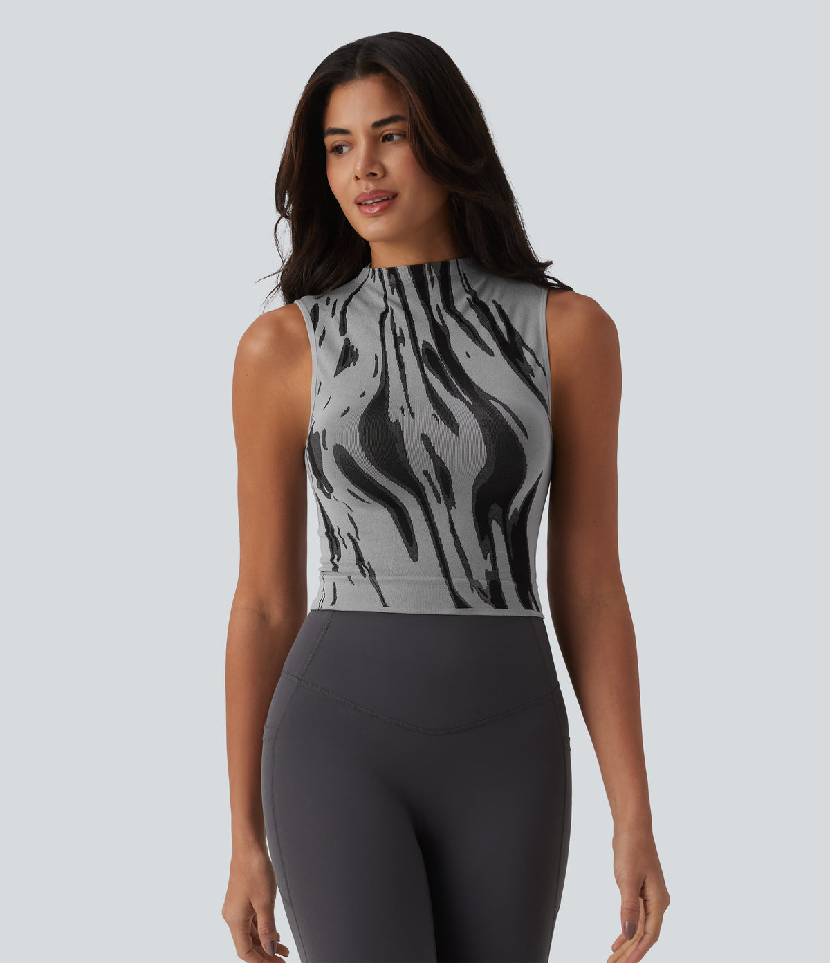 OneForm Seamless Flow Mock Neck Color Block Yoga Tank Top — Grey — view 3