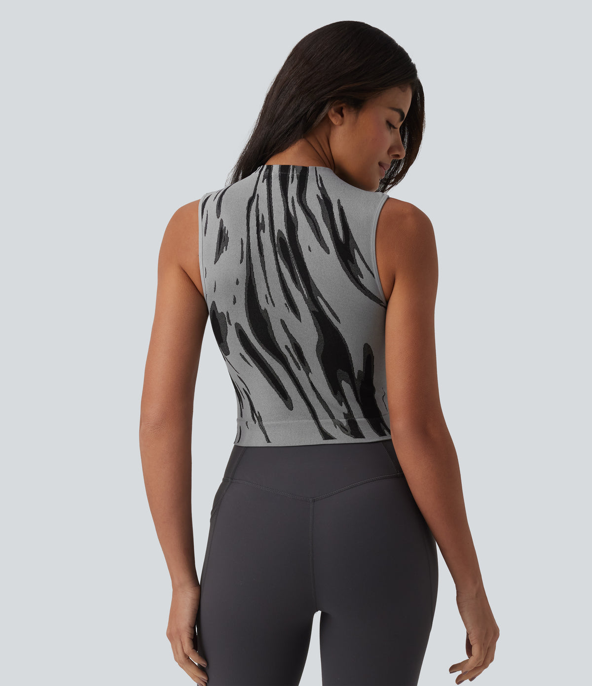 OneForm Seamless Flow Mock Neck Color Block Yoga Tank Top — Grey — view 2