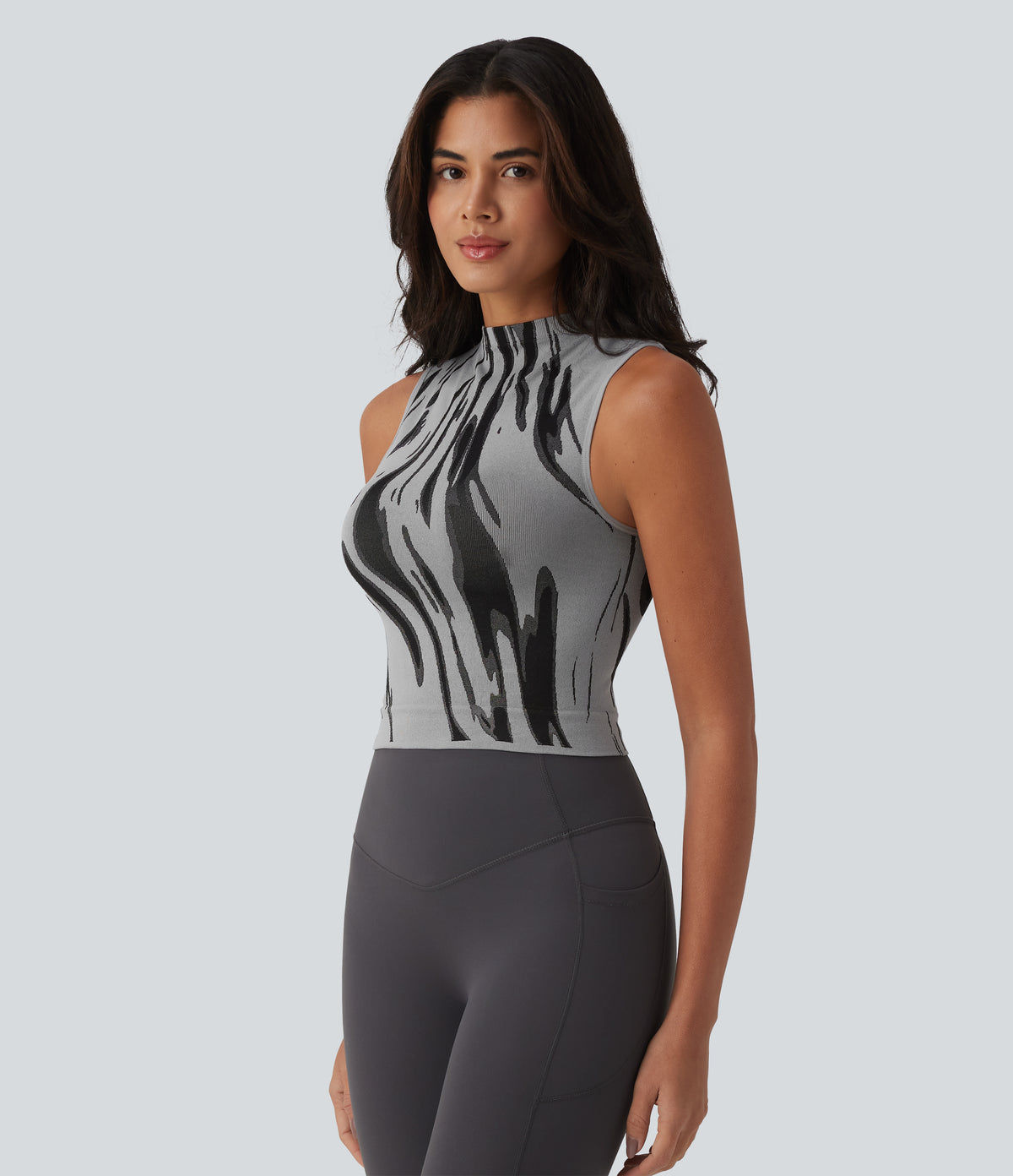 OneForm Seamless Flow Mock Neck Color Block Yoga Tank Top — Grey — view 4