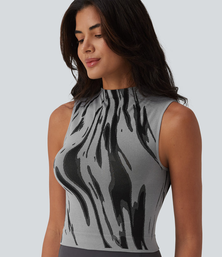 OneForm Seamless Flow Mock Neck Color Block Yoga Tank Top — Grey — view 1