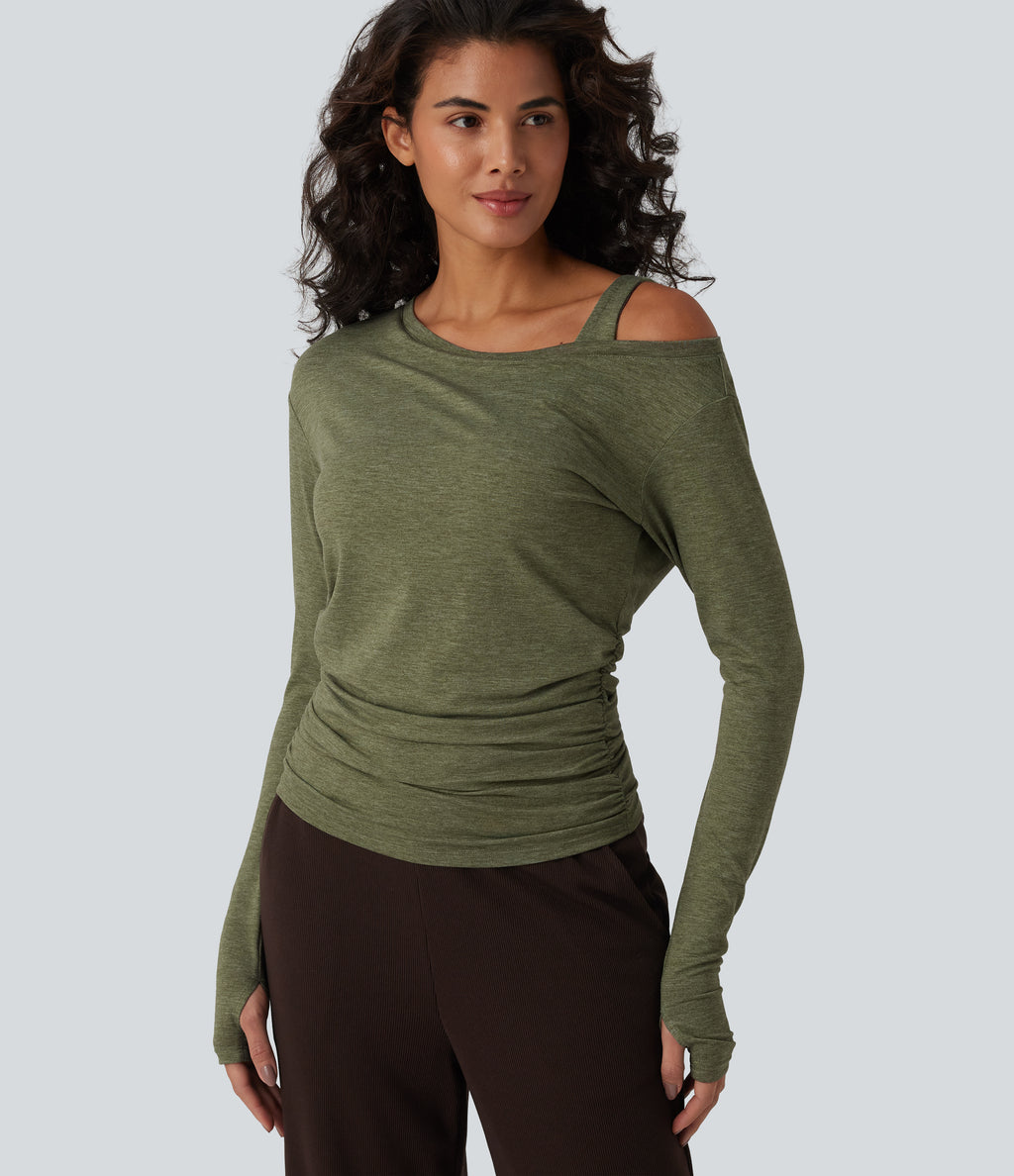 One-Shoulder Long Sleeve Ruched Built-in Bra Casual Heathered Top — Light Green Floral Yarn — view 5