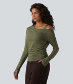 One-Shoulder Long Sleeve Ruched Built-in Bra Casual Heathered Top — Light Green Floral Yarn — view 2