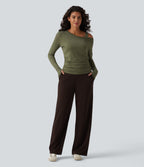 One-Shoulder Long Sleeve Ruched Built-in Bra Casual Heathered Top — Light Green Floral Yarn — view 6