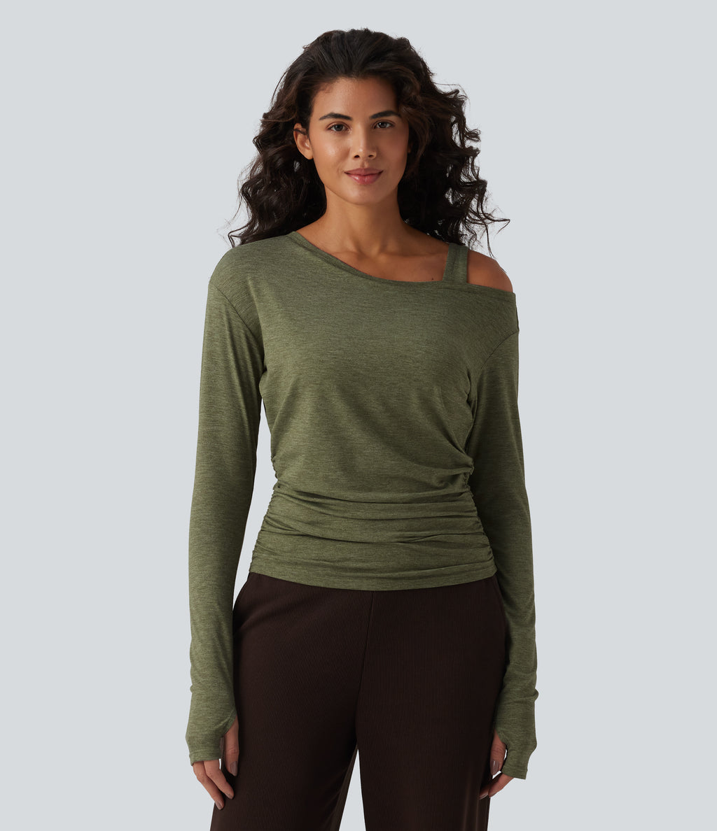 One-Shoulder Long Sleeve Ruched Built-in Bra Casual Heathered Top — Light Green Floral Yarn — view 4