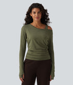 One-Shoulder Long Sleeve Ruched Built-in Bra Casual Heathered Top — Light Green Floral Yarn — view 4