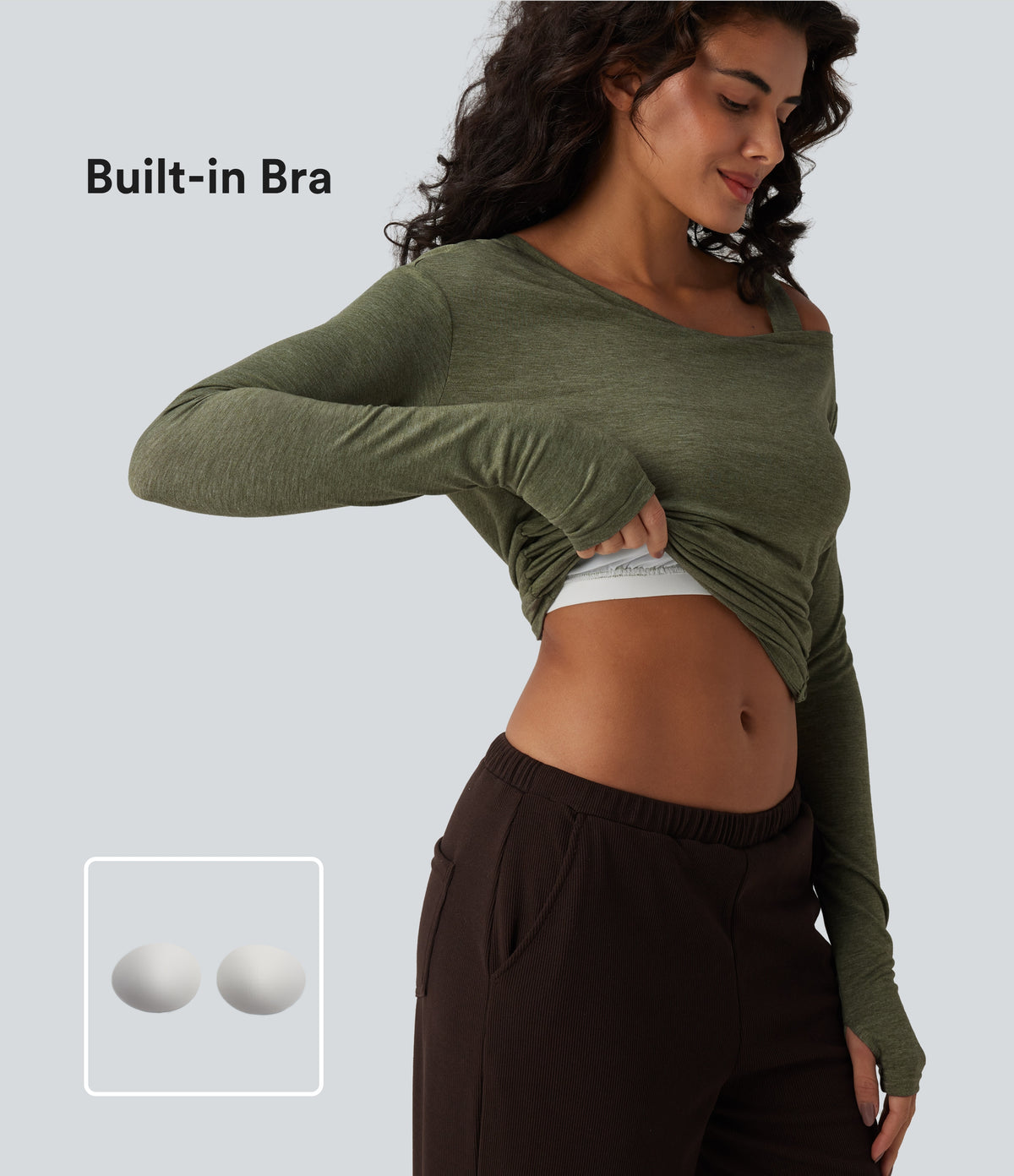 One-Shoulder Long Sleeve Ruched Built-in Bra Casual Heathered Top — Light Green Floral Yarn — view 1