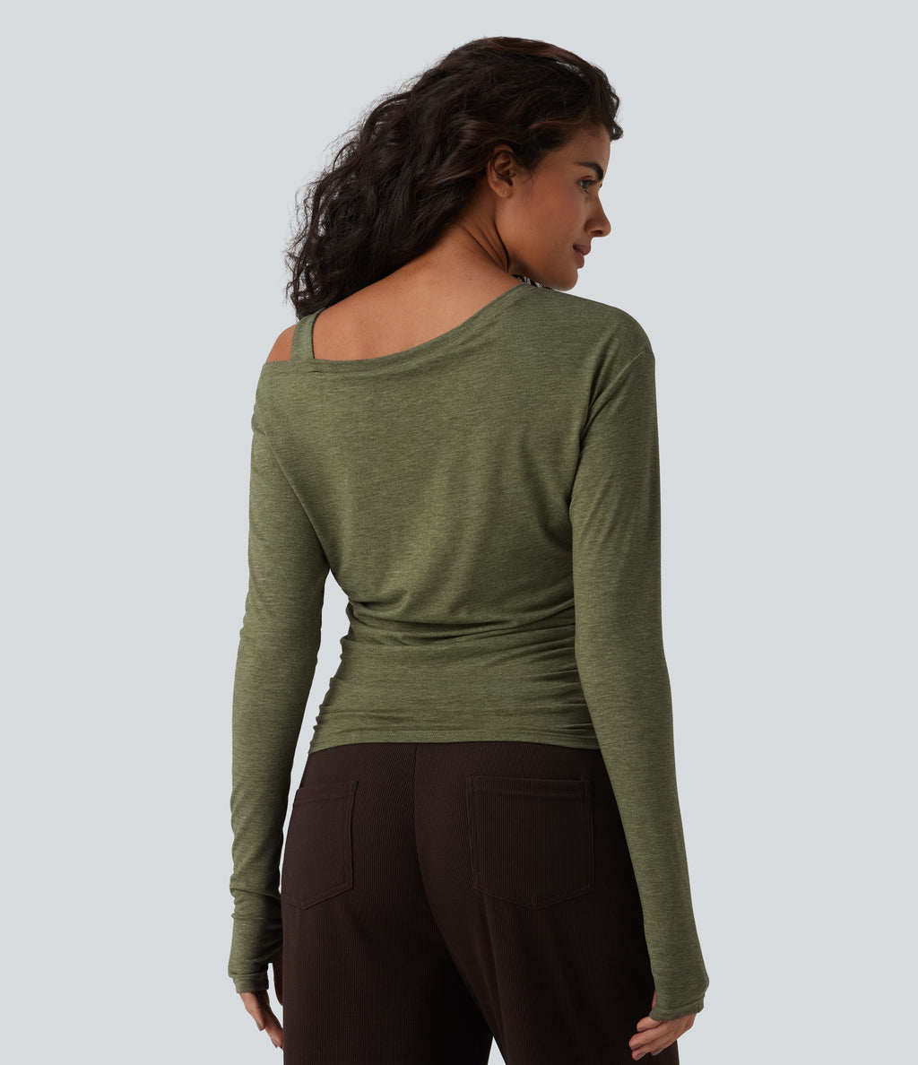 One-Shoulder Long Sleeve Ruched Built-in Bra Casual Heathered Top — Light Green Floral Yarn — view 3