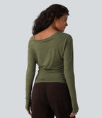 One-Shoulder Long Sleeve Ruched Built-in Bra Casual Heathered Top — Light Green Floral Yarn — view 3