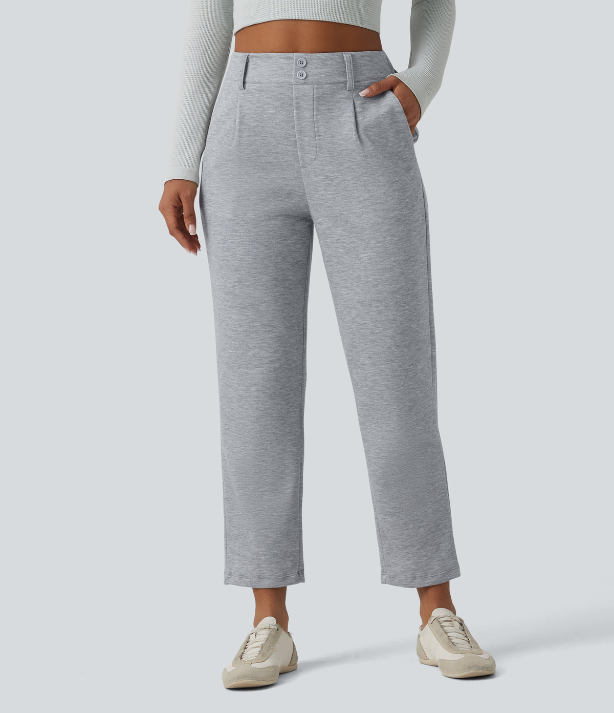 SpacerTek High Waisted Casual Tapered Trousers with Pockets — Grey Space — view 3