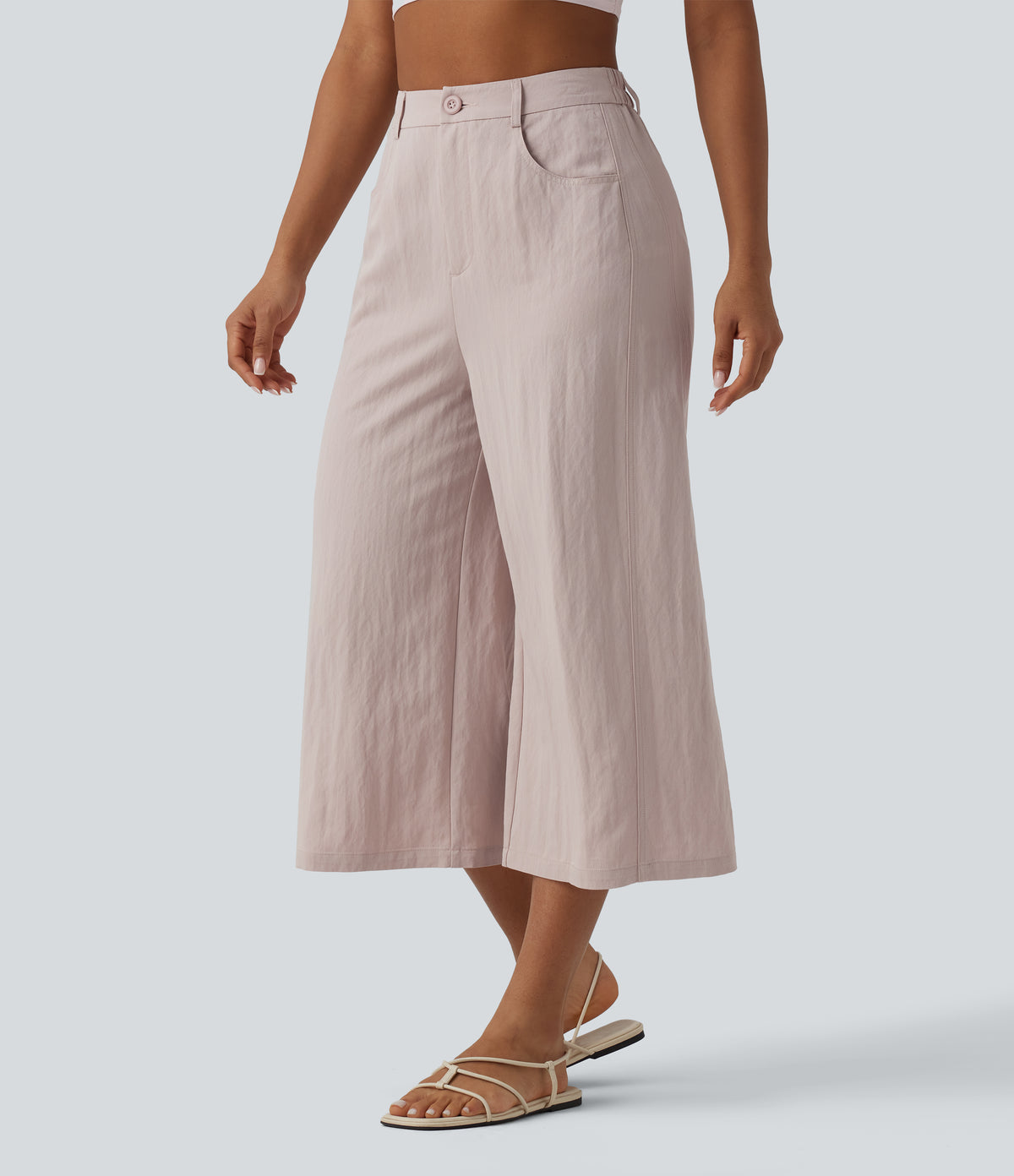 High Waisted Cropped Casual Baggy Trousers with Pockets — Mushroom — view 3