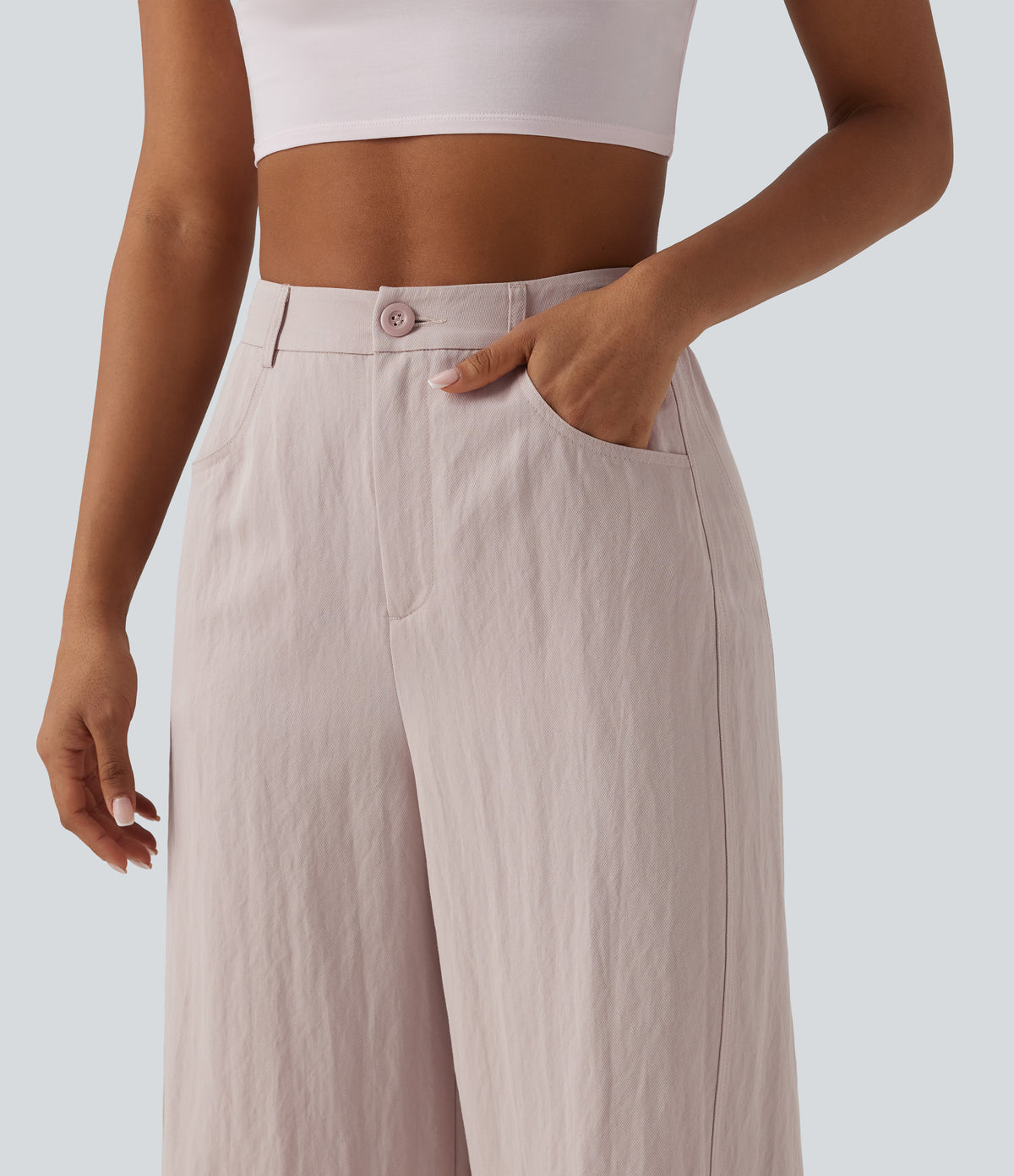 High Waisted Cropped Casual Baggy Trousers with Pockets — Mushroom — view 4