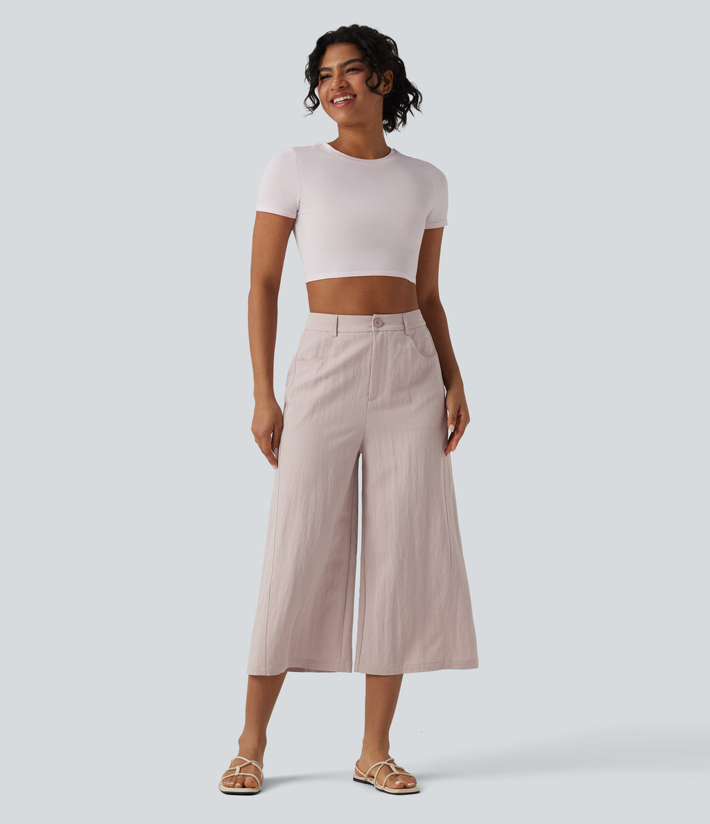High Waisted Cropped Casual Baggy Trousers with Pockets — Mushroom — view 6
