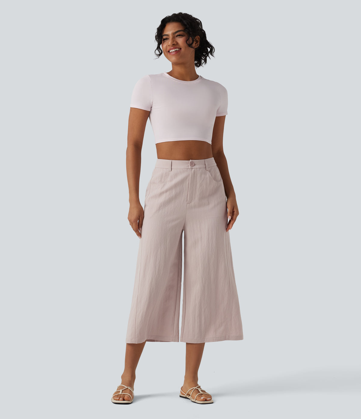 High Waisted Cropped Casual Baggy Trousers with Pockets — Mushroom — view 6