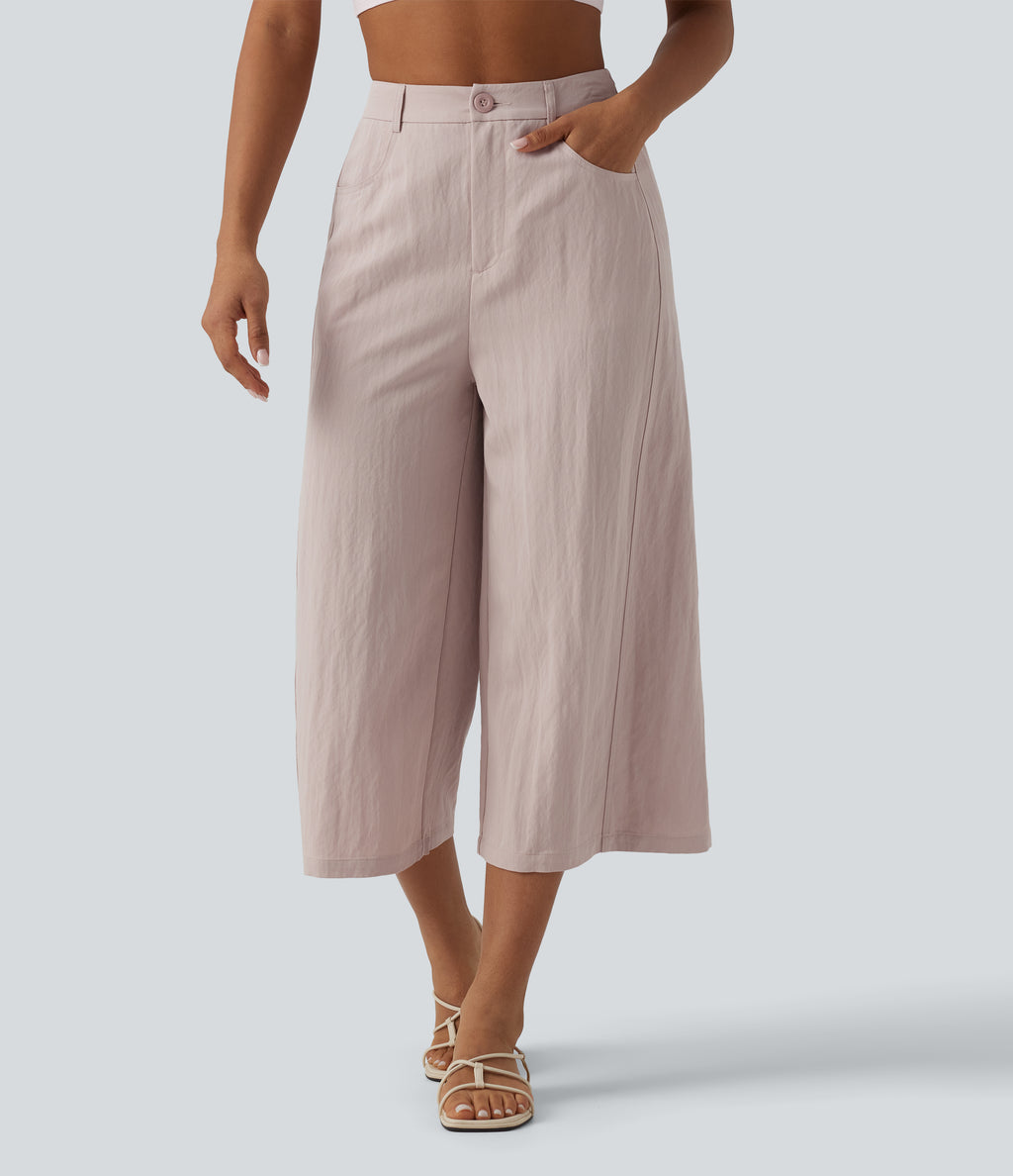 High Waisted Cropped Casual Baggy Trousers with Pockets — Mushroom — view 1