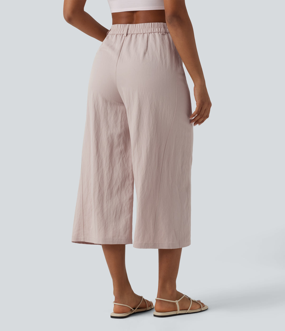 High Waisted Cropped Casual Baggy Trousers with Pockets — Mushroom — view 2