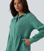 Collar Long Sleeve Ruffle Hem Crinkle Relaxed Casual Peplum Shirt with Pockets — Wasabi — view 4