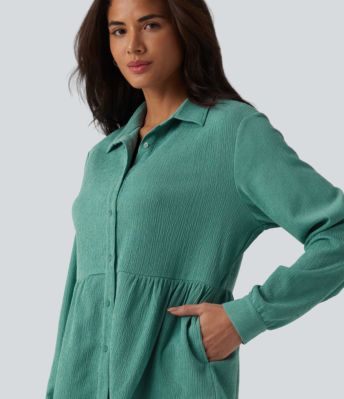 Collar Long Sleeve Ruffle Hem Crinkle Relaxed Casual Peplum Shirt with Pockets — Wasabi — view 4