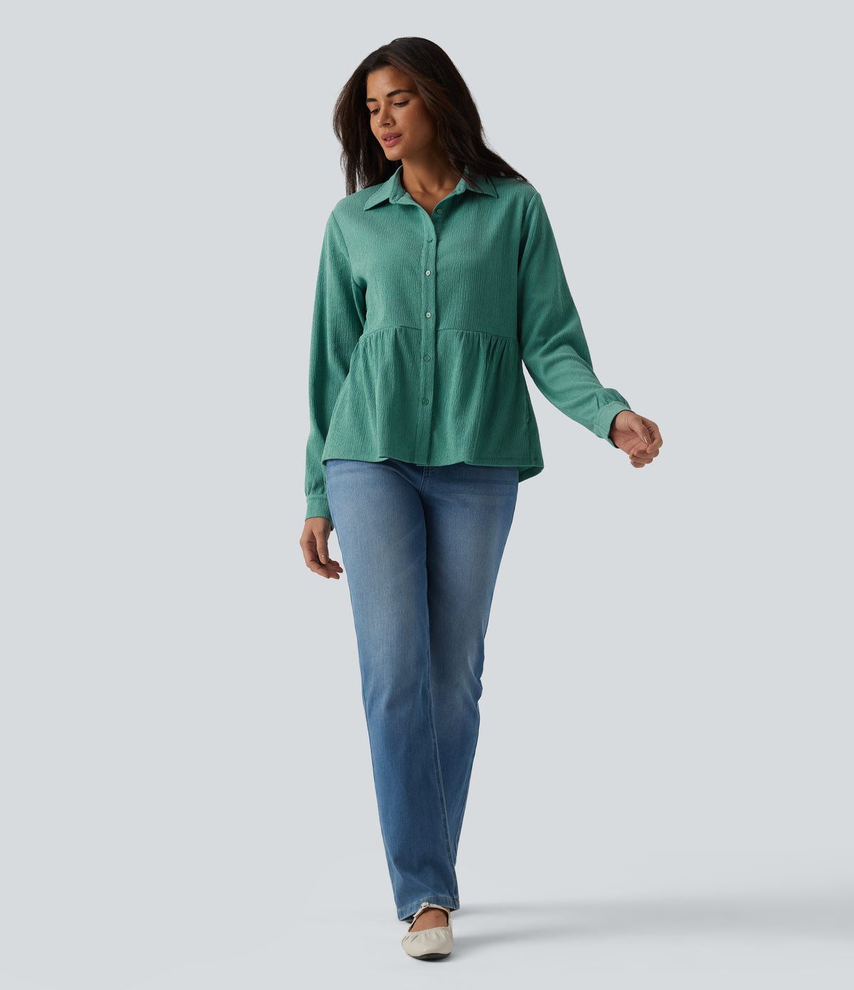 Collar Long Sleeve Ruffle Hem Crinkle Relaxed Casual Peplum Shirt with Pockets — Wasabi — view 5