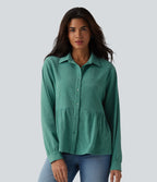 Collar Long Sleeve Ruffle Hem Crinkle Relaxed Casual Peplum Shirt with Pockets — Wasabi — view 1