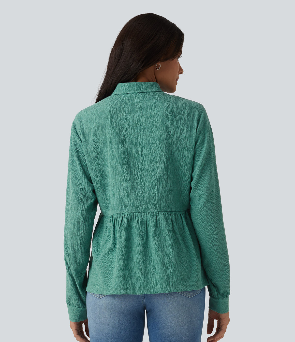 Collar Long Sleeve Ruffle Hem Crinkle Relaxed Casual Peplum Shirt with Pockets — Wasabi — view 2