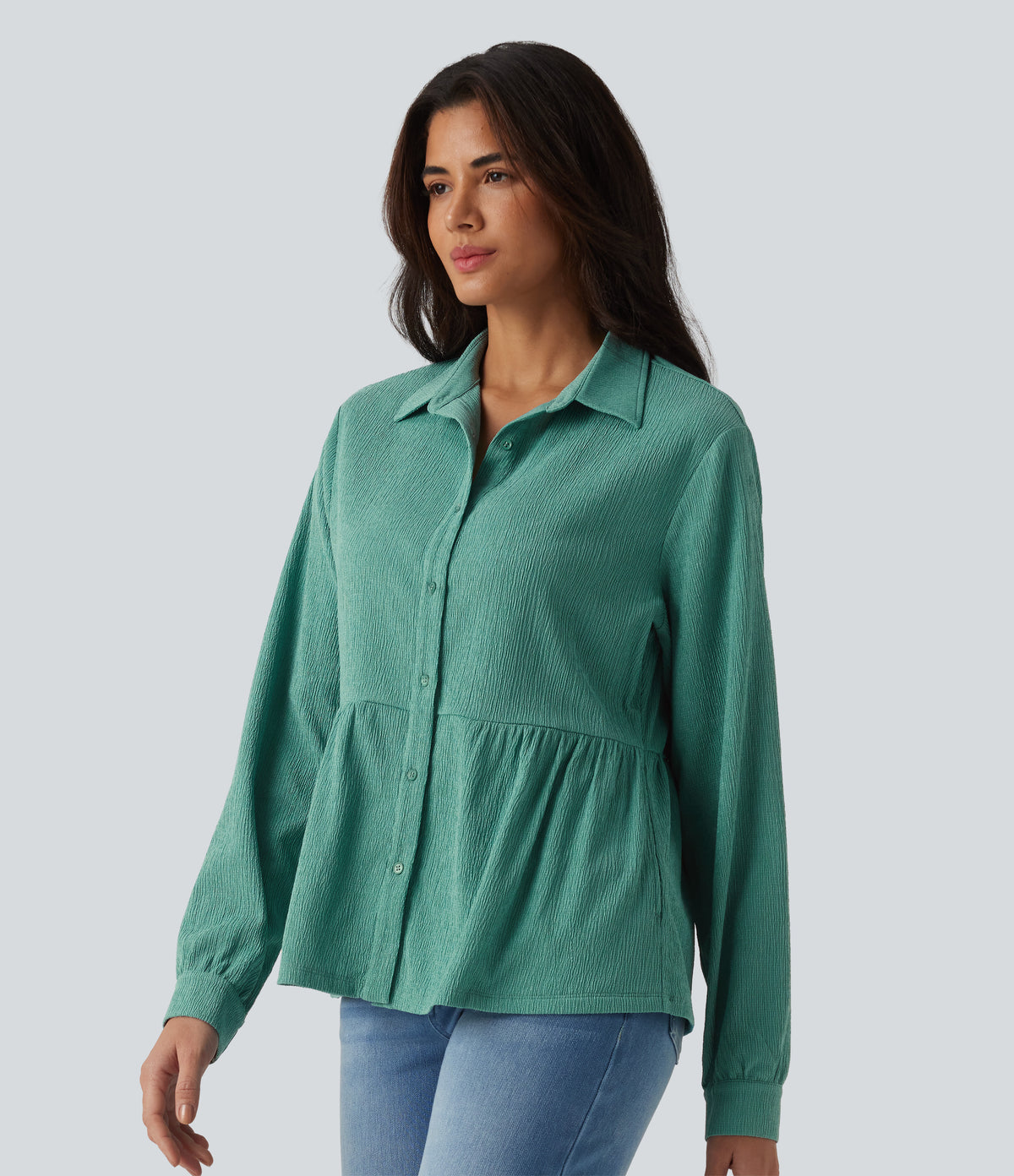 Collar Long Sleeve Ruffle Hem Crinkle Relaxed Casual Peplum Shirt with Pockets — Wasabi — view 3