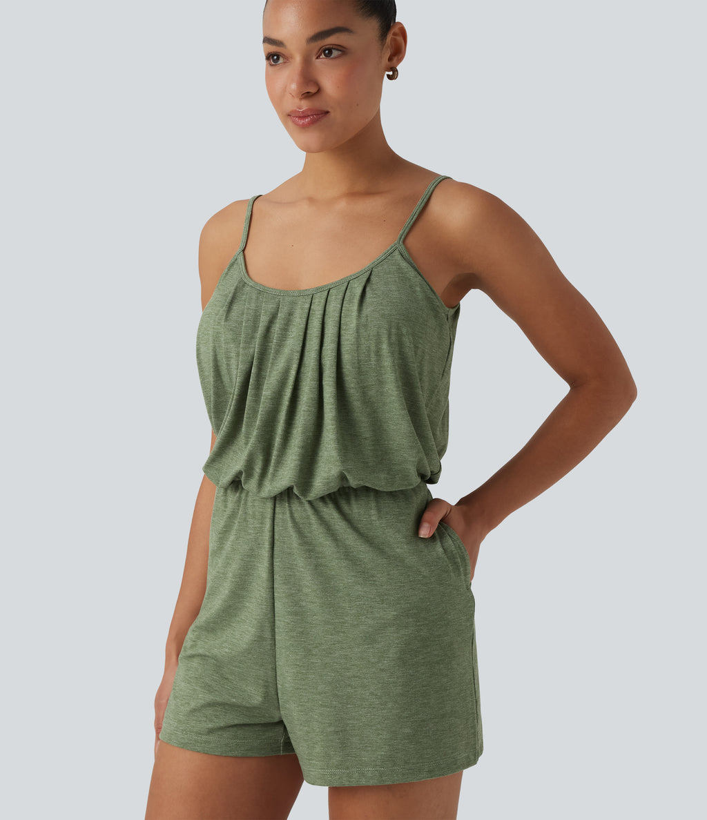 U-Neck Adjustable Straps Pleated Built-in Bra Casual Playsuit with Pockets — Light Green Floral Yarn — view 5