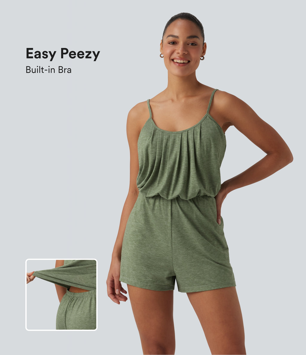 U-Neck Adjustable Straps Pleated Built-in Bra Casual Playsuit with Pockets — Light Green Floral Yarn — view 1