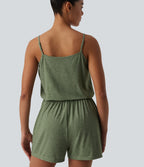 U-Neck Adjustable Straps Pleated Built-in Bra Casual Playsuit with Pockets — Light Green Floral Yarn — view 6