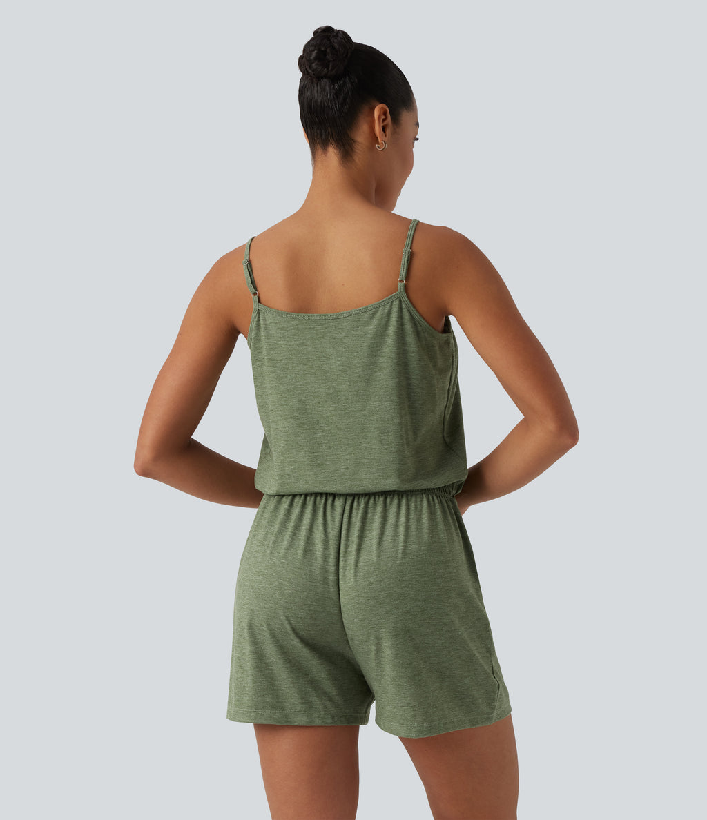 U-Neck Adjustable Straps Pleated Built-in Bra Casual Playsuit with Pockets — Light Green Floral Yarn — view 2