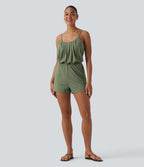 U-Neck Adjustable Straps Pleated Built-in Bra Casual Playsuit with Pockets — Light Green Floral Yarn — view 7