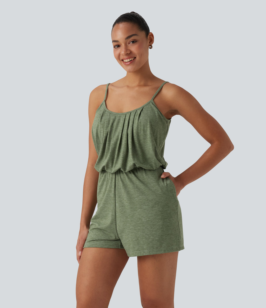 U-Neck Adjustable Straps Pleated Built-in Bra Casual Playsuit with Pockets — Light Green Floral Yarn — view 3