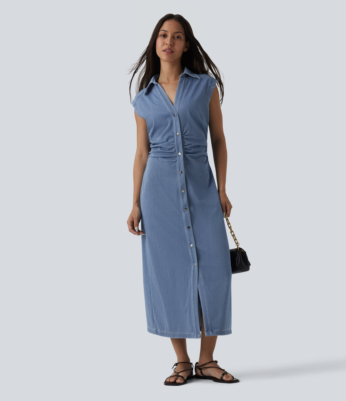V-neck Sleeveless Ruched Button Fly Midi Denim Casual Dress — Malibu Blue Denim — view 6