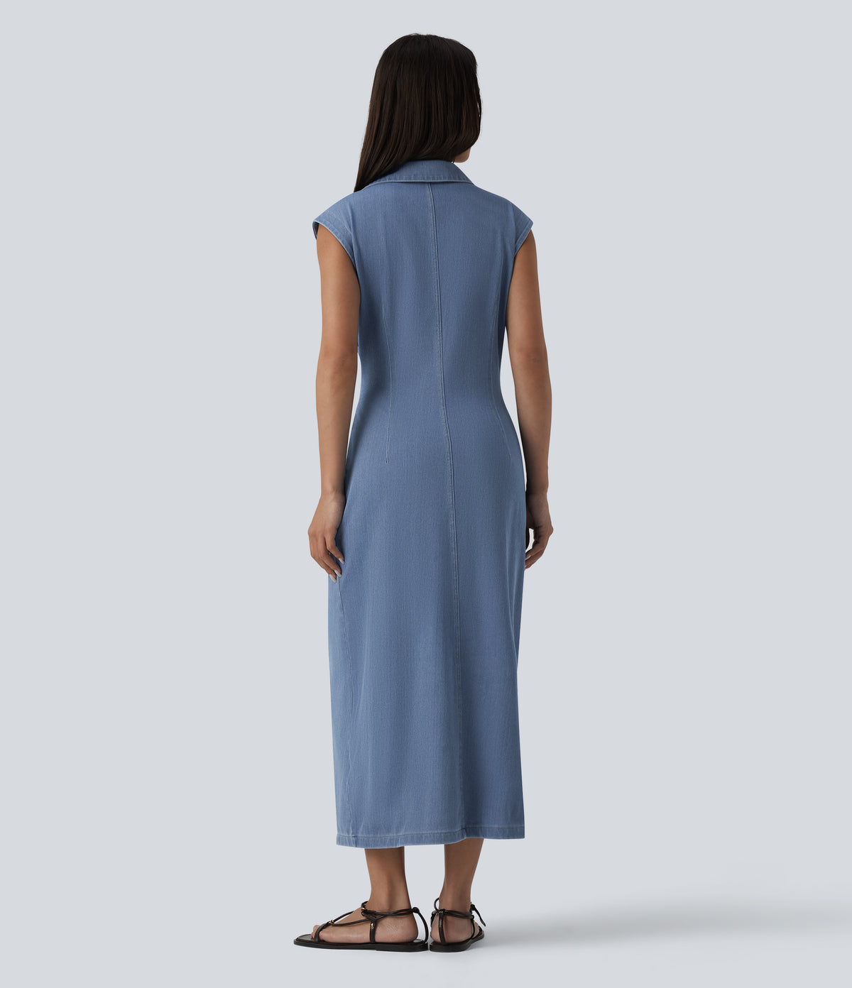 V-neck Sleeveless Ruched Button Fly Midi Denim Casual Dress — Malibu Blue Denim — view 2