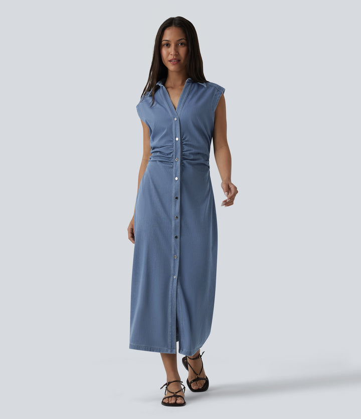 V-neck Sleeveless Ruched Button Fly Midi Denim Casual Dress — Malibu Blue Denim — view 1
