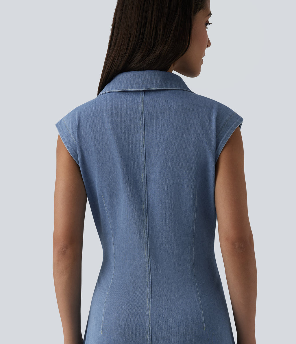 V-neck Sleeveless Ruched Button Fly Midi Denim Casual Dress — Malibu Blue Denim — view 5