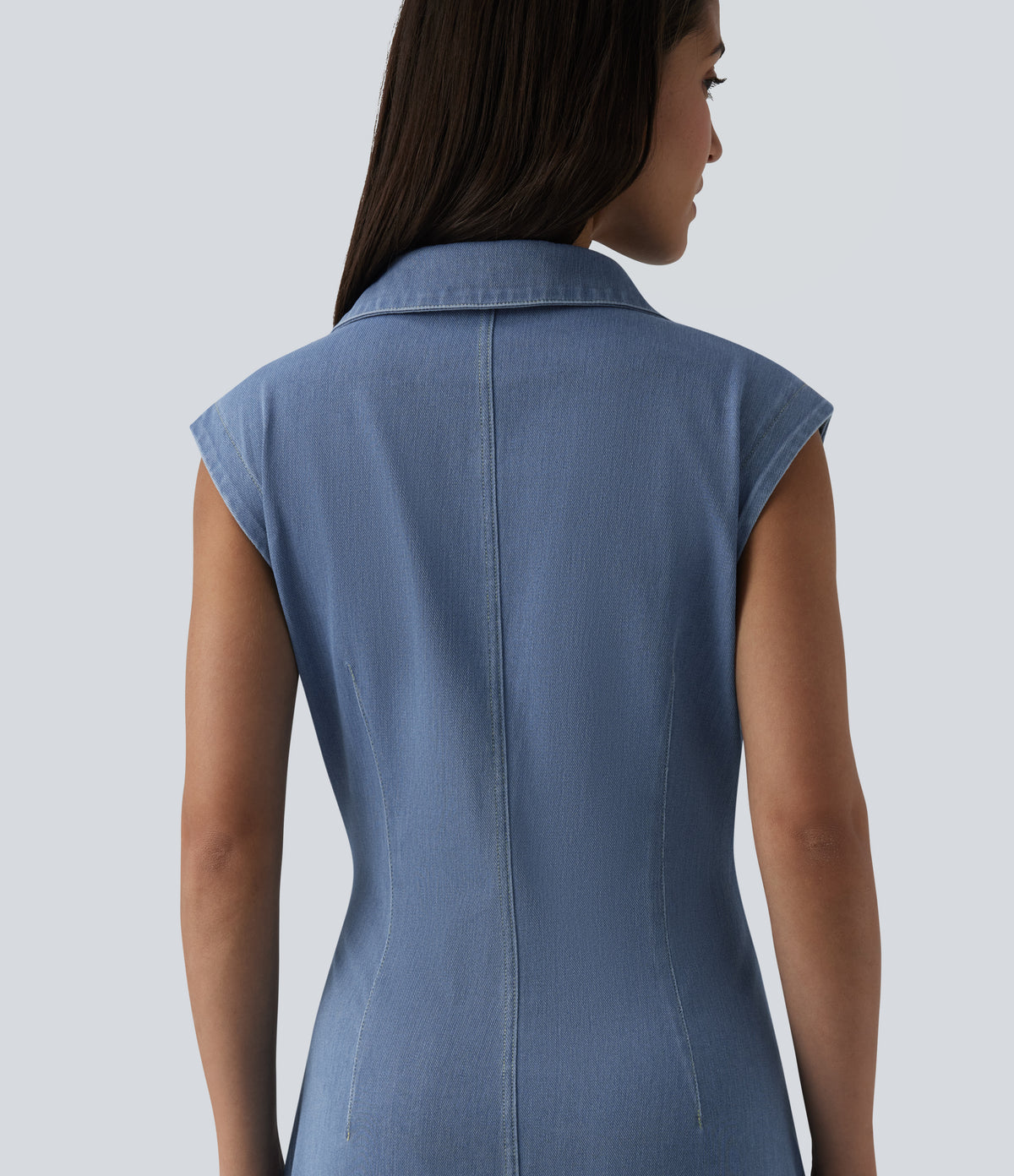 V-neck Sleeveless Ruched Button Fly Midi Denim Casual Dress — Malibu Blue Denim — view 5