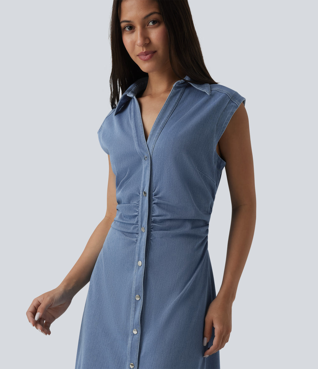 V-neck Sleeveless Ruched Button Fly Midi Denim Casual Dress — Malibu Blue Denim — view 4