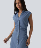 V-neck Sleeveless Ruched Button Fly Midi Denim Casual Dress — Malibu Blue Denim — view 4