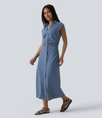 V-neck Sleeveless Ruched Button Fly Midi Denim Casual Dress — Malibu Blue Denim — view 3