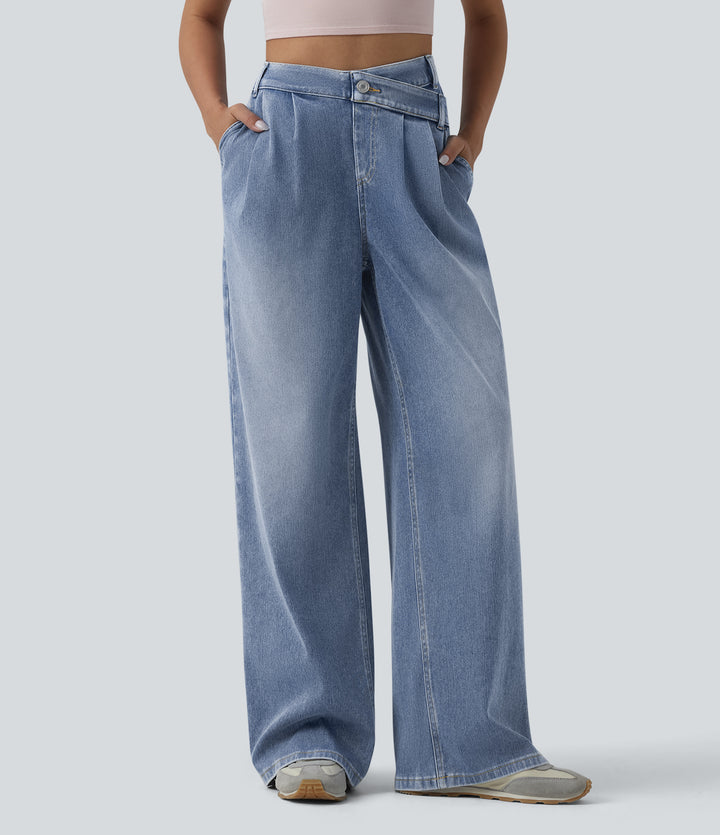 Asymmetric High Waisted Wide Leg Washed Casual Jeans with Pockets — Powder Blue Denim — view 1