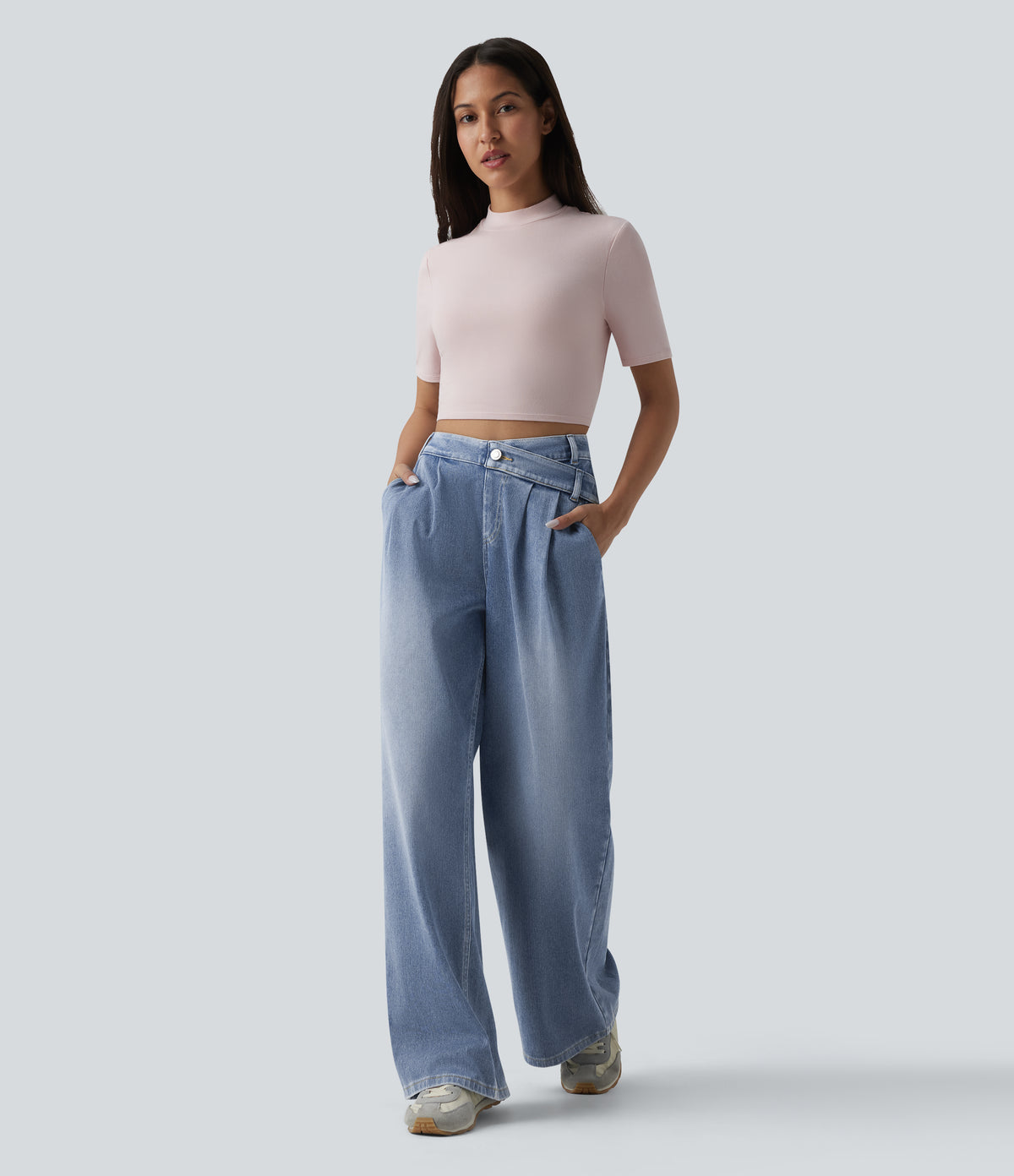 Asymmetric High Waisted Wide Leg Washed Casual Jeans with Pockets — Powder Blue Denim — view 6