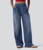 Asymmetric High Waisted Wide Leg Washed Casual Jeans with Pockets — Tide Blue Denim — view 7
