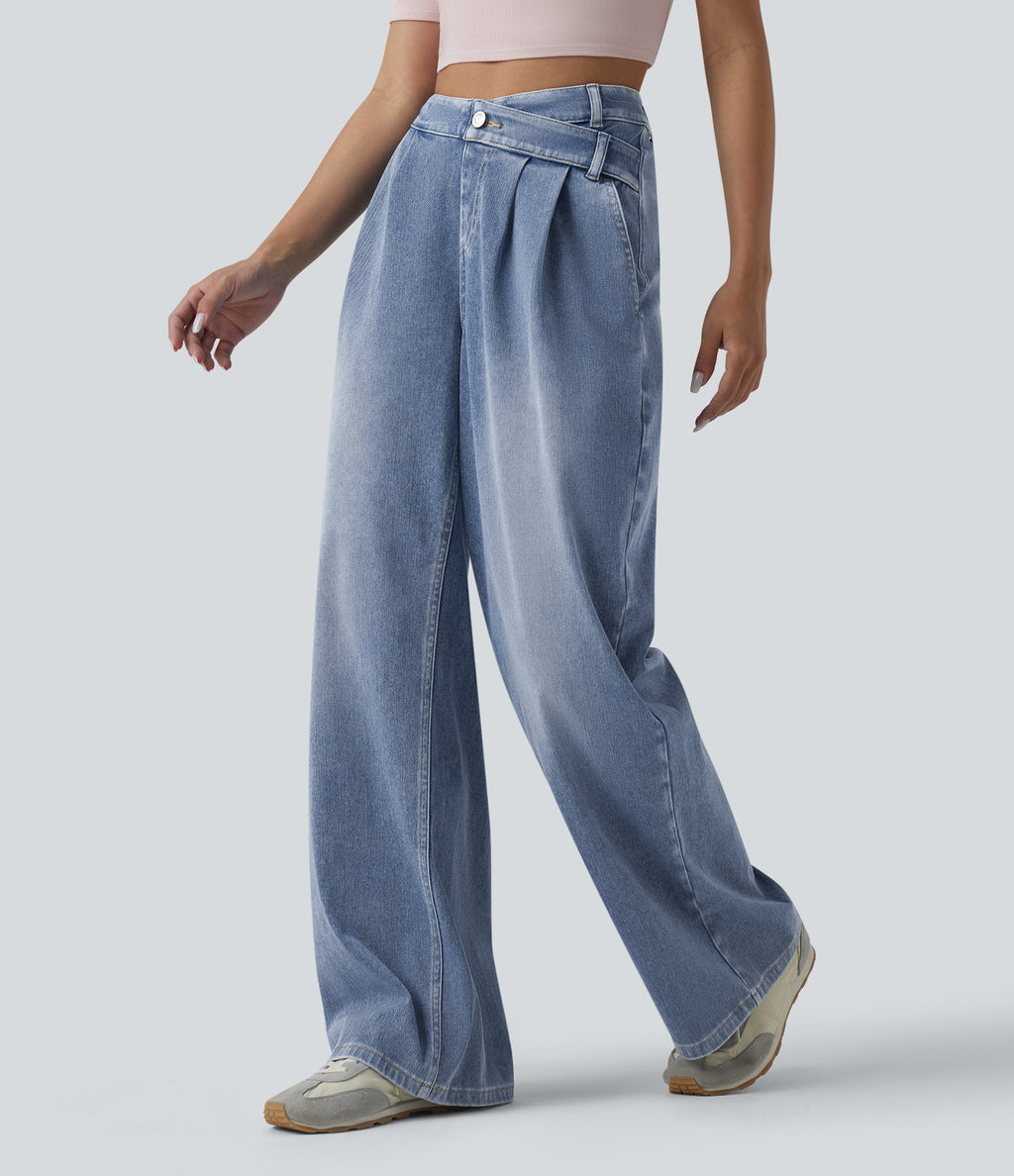 Asymmetric High Waisted Wide Leg Washed Casual Jeans with Pockets — Powder Blue Denim — view 3