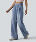 Asymmetric High Waisted Wide Leg Washed Casual Jeans with Pockets — Powder Blue Denim — view 3